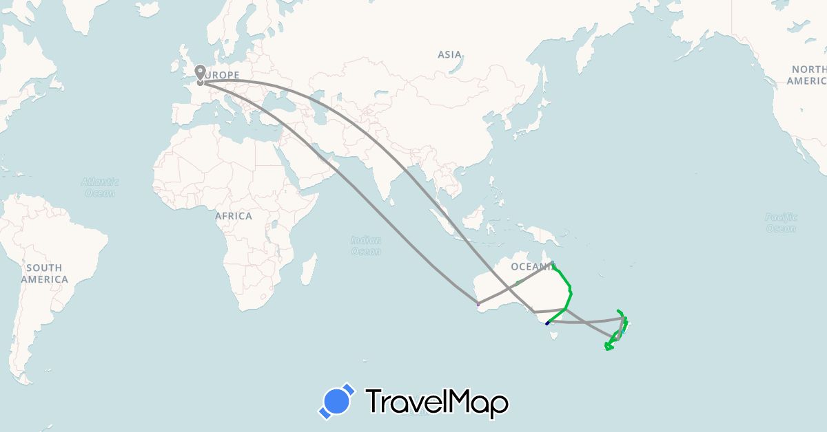 TravelMap itinerary: driving, bus, plane, train, boat in Australia, France, Malaysia, New Zealand, Qatar (Asia, Europe, Oceania)